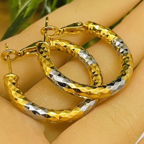 Vintage Diamond-cut Hoop Earrings Diva Sparkling Fancy Drop Silver Gold 1191 - Picture 2 of 6